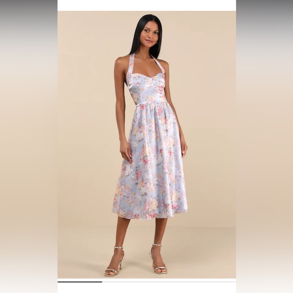 Lulu's Briselda Light Blue Floral Organza Halter Midi Dress